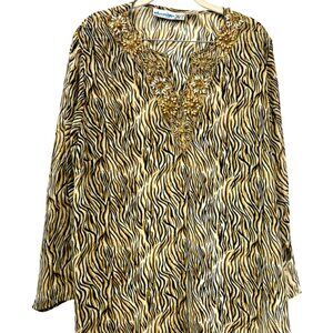 Denim 24/7 Leapard sheer polyester  Blouse Embroidered Beads 28W 3/4 Sleeve (51)